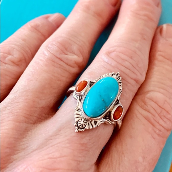 Blue Ridge Turquoise and Mediterranean Coral Ring in Sterling Silver Size 7 NWT - Picture 2 of 8